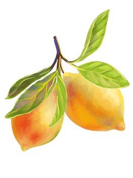 Watercolor style illustration of a lemon branch with two ripe lemons and lush green leaves. Citrus fruits are perfect for food packaging, summer designs, kitchen decor, recipe books, organic branding png