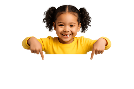 Happy little girl in yellow shirt points at blank sign advertising space kid child model advertisement png