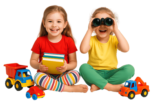 kids playing with toys books and binoculars fun preschool learning childhood png
