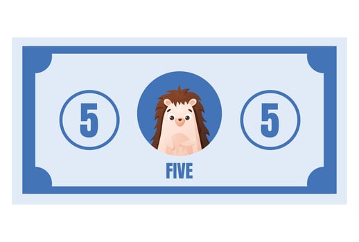 Cartoon play money with hedgehog character and number five. Fun blue educational currency for kids games, counting practice, preschool learning, and financial role play activities. vector