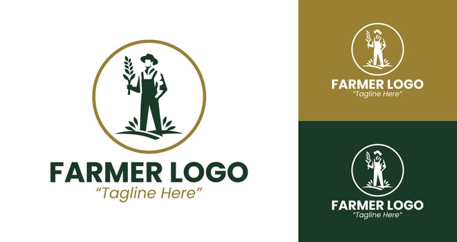 Vintage Farmer Logo Featuring a Farmer with a Pitchfork in Green, Brown, and Yellow Colors vector