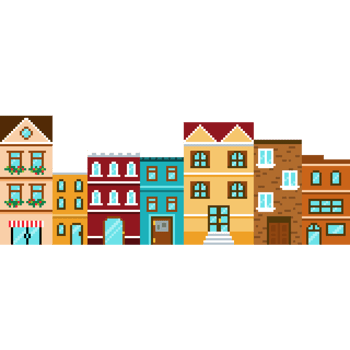 Pixel art urban neighborhood with colorful townhouses and retro buildings in city block style for game assets png