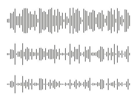 Voice message patterns. Equalizer symbol. Audio chat speech sound wave icons. Samples for mobile messenger, podcast online radio interface, music player, app. Waveform templates. vector