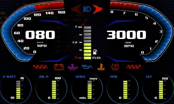 Illustration of speed display on car dashboard, modern illuminated car control panel with toolbars vector