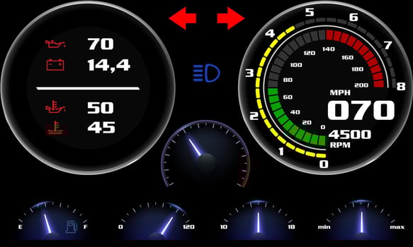 Illustration of speed display on car dashboard, modern illuminated car control panel with arrows and circular toolbars vector