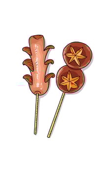 Skewered sausage and round food vector