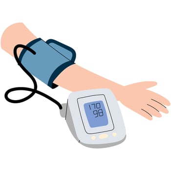 Hand with an automatic blood pressure monitor. The screen displays high blood pressure numbers, indicating hypertension. Flat medical illustration for healthcare, cardiology and hypertension awareness vector