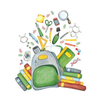 Gray school backpack from which office supplies and books fly out. Watercolor illustration hand-drawn, cartoon. Drawing for stickers, cards, invitations, scrapbooking. science, school, laboratory png