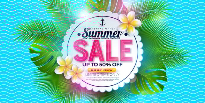 Summer Sale Business Promotional Design with Flower and Tropical Palm Leaves on Blue Waves Background. Exotic Floral Illustration with Special Offer Typography for Coupon, Voucher, Banner vector