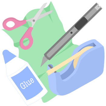 Craft and Paper work Set include Scissors, Glue, Tape Dispenser, and Utility Knife png