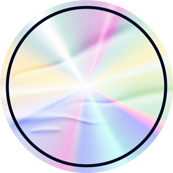 Holographic silver circle sticker. Gradient foil label with geometric shape. Metal stamp with neon iridescent texture. Rainbow tape for certificates and original products. png