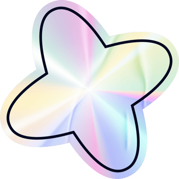 Holographic flower silver sticker. Gradient foil label with geometric shape. Metal stamp with neon iridescent texture. Rainbow tape for certificates and original products. png