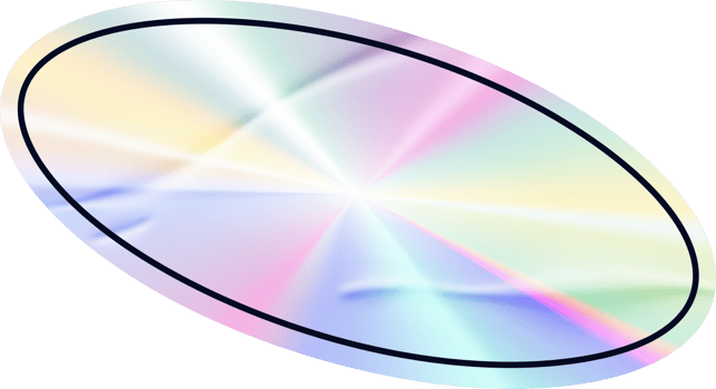 Holographic silver oval sticker. Gradient foil label with geometric shape. Metal stamp with neon iridescent texture. Rainbow tape for certificates and original products. png