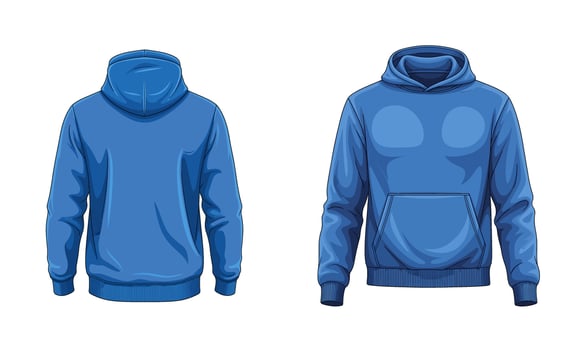Blue hoodie mockup set. Blank sweatshirt with a hood, front and back view. Isolated casual clothing or sport apparel template for fashion design and branding presentation. vector
