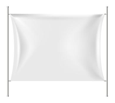Realistic white rectangular flag waving gracefully between two vertical poles against a pristine white background, offering ample space for customization with any design or message vector