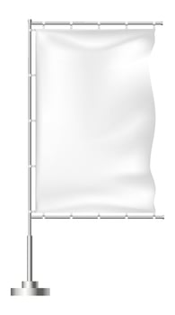 White rectangular flag waving gracefully on a chrome flagpole featuring a round base, offering an ideal canvas for custom designs or logos to enhance branding efforts vector