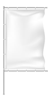 White rectangular flag waving gracefully on a sturdy metal pole with rings, offering a versatile template for custom designs and branding opportunities in various contexts vector