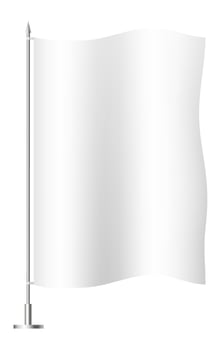 White flag is waving on chrome flagpole against white background, creating a clean and minimalist presentation suitable for customization and branding vector