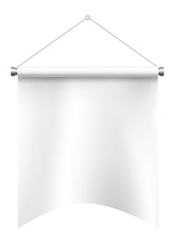 White empty banner hanging gracefully on a white wall, gently waving to create a soft, curved shape, perfect for displaying designs and delivering messages effectively vector