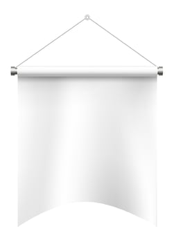 White hanging banner with a gracefully curved bottom edge waving against a clean white background, serving as a versatile textile mockup ideal for advertising and branding purposes vector