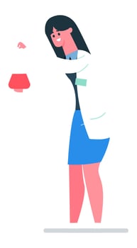 Female scientist wearing a lab coat conducting a chemical experiment, adding reagent to a flask, highlighting the dynamic nature of science and pharmaceutical research vector