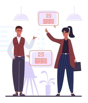 Two marketing managers discussing email marketing campaign and advertising strategy, pointing at speech bubbles with email icons and text simulating email body vector