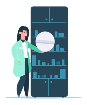 Pharmacist holding a magnified pill and managing medicines on shelves in a pharmacy, healthcare and pharmaceutical service concept, illustration in flat cartoon style vector