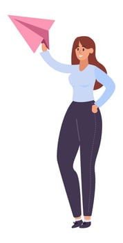 Businesswoman holding and launching pink paper airplane, new business or startup concept, flat cartoon illustration isolated on white background vector