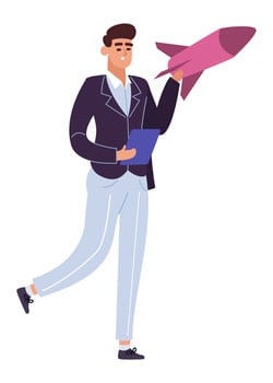 Businessman holding folder and launching startup business project like a rocket, business and entrepreneurship concept, illustration isolated on white background vector