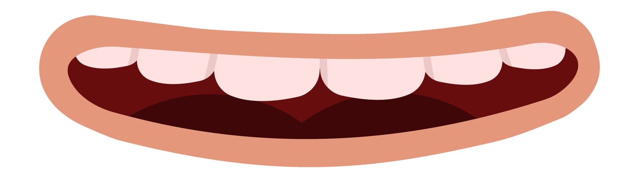 Cartoon mouth displaying bright white teeth and pink gums, widely smiling and radiating happiness, isolated against a clean white background for a cheerful and joyful vibe vector