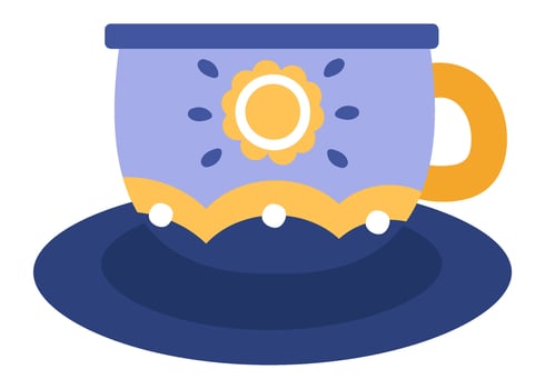 Purple teacup featuring a vibrant yellow handle and cheerful sun decor, resting gracefully on a saucer, embodying the essence of cozy breakfasts and cherished tea time rituals vector