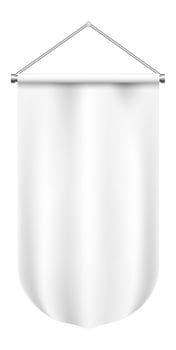 Realistic white pennant hanging from a metal bar with rings, offering a sophisticated display for showcasing announcements, logos, or creative designs in various settings vector