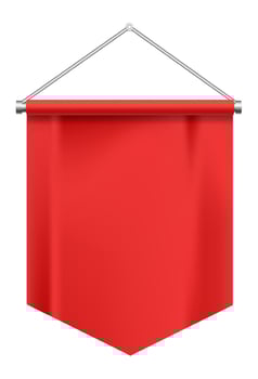 Red pennant hanging from a metallic support, featuring a blank space ideal for promoting events, sales, or important messages, set against a clean white background vector