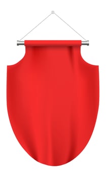 Red pennant hanging from a metallic support, secured with two ropes and a ring against a white background, creating a striking and memorable visual for various promotional needs vector