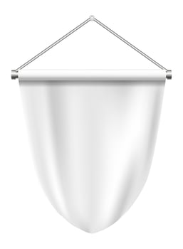 Realistic white pennant hanging on a metallic support with a white cylindrical bar, isolated on white background, ready for your design or logo vector