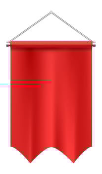 Red rectangular pennant with a wavy bottom edge hanging on a metal crossbar fixed to a wall with screws, waving in the wind on a white background vector