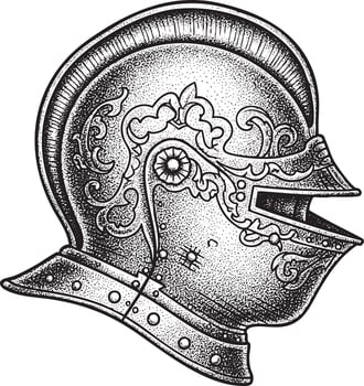 Medieval armor helmet illustration in vintage stipple engraving style vector