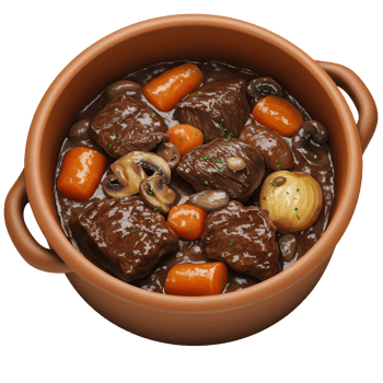 Beef Stew in Rustic Brown Pot Overhead View of Hearty Autumn Dish png