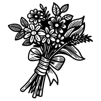 Hand drawn flower bouquet with ribbon decorative floral arrangement illustration with daisies, leaves, and greenery vector