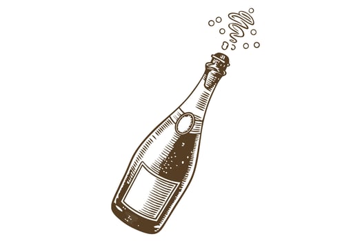 Celebration champagne bottle popping hand drawn sparkling wine explosion, festive cork flying illustration vector