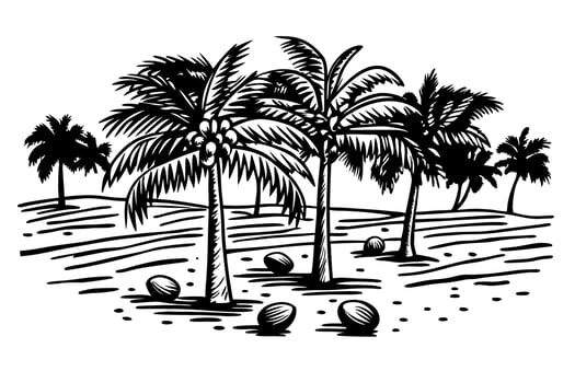 Tropical coconut palm trees, ripe coconuts on sandy beach, summer nature design black and white illustration vector