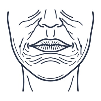 Aging face illustration, close up of lips and wrinkles mature skin details, facial lines and texture concept vector