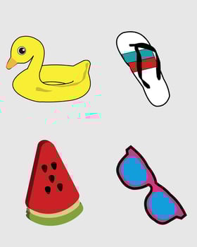 Four different types of summer accessories, including a watermelon, sunglasses and a rubber duck vector