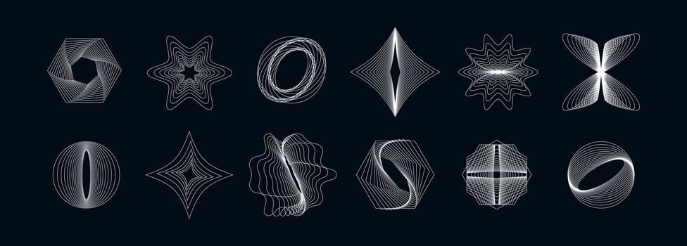 Set of modern abstract geometric shapes. Futuristic wireframe designs with flowing lines and dynamic forms. Ideal for technology, digital art, UI UX, and contemporary graphic projects. vector