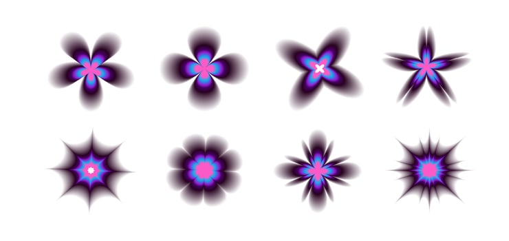 Set of vibrant abstract flower shapes with holographic gradients. Modern, psychedelic, and futuristic floral elements perfect for digital art, contemporary designs, backgrounds, and creative projects. vector