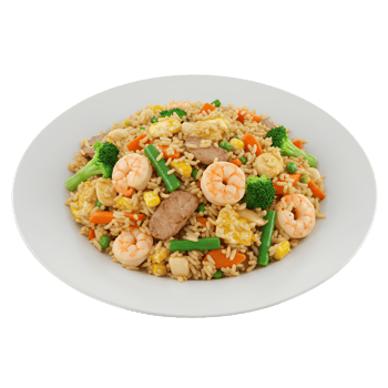 Shrimp Fried Rice with Mixed Vegetables and Meat on White Plate png