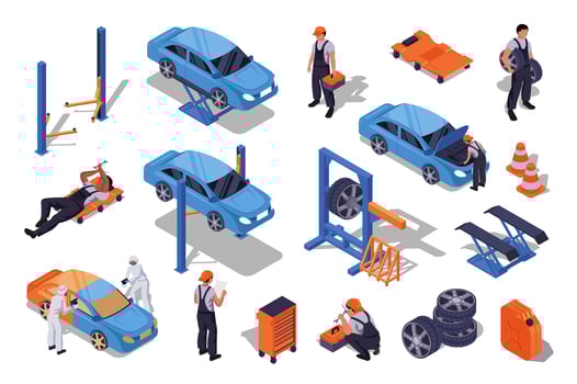 Auto service 3d isometric set. Collection isolated flat elements of garage tools, car lifters, wheel alignment, technicians work, repair equipment, automobile maintenance, more. illustration. vector