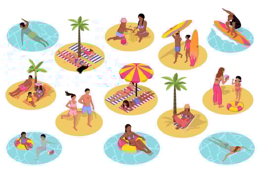 Summer beach 3d isometric set. Collection isolated flat elements of swimming in sea, children playing in sand, surfing, surfboard, woman and man relax at resort, sunbathing, more. illustration. vector