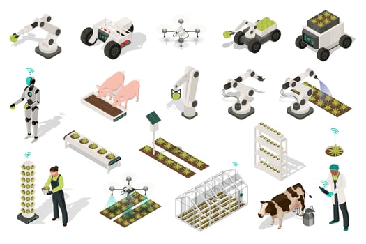 Smart farm 3d isometric set. Collection isolated flat elements of robotic arm manipulation, gardening machinery, drone, harvesting, ai robot, watering, vertical greenhouse, more. illustration. vector