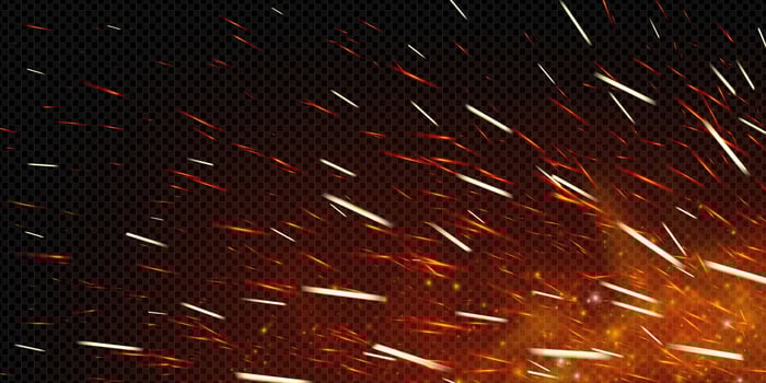 Burning fire sparks with glowing embers and smoke on dark background. Fiery orange flames, flying ash and heat particles evoke industrial power and magical night atmosphere. Realistic eps illustration vector